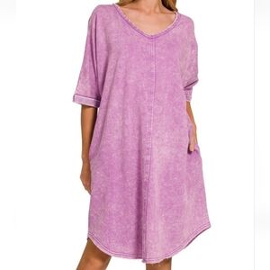New Zenana Violet Acid Washed French Terry Tee Dress